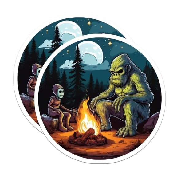 (2 Pack) Bigfoot Alien Stickers - Sasquatch Extraterrestrial Campfire Night Scene - Cryptid Forest Folklore Art - 5" On Longest Side - Sticks to Smooth Flat Surfaces - Made in USA - BMCS22612