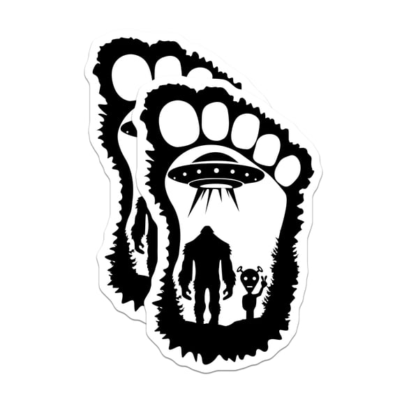 (2 Pack) Bigfoot Alien Stickers - Sasquatch UFO Encounter - Paranormal Forest Decal - 5" On Longest Side - Sticks to Smooth Flat Surfaces - Made in USA - BMCS20756
