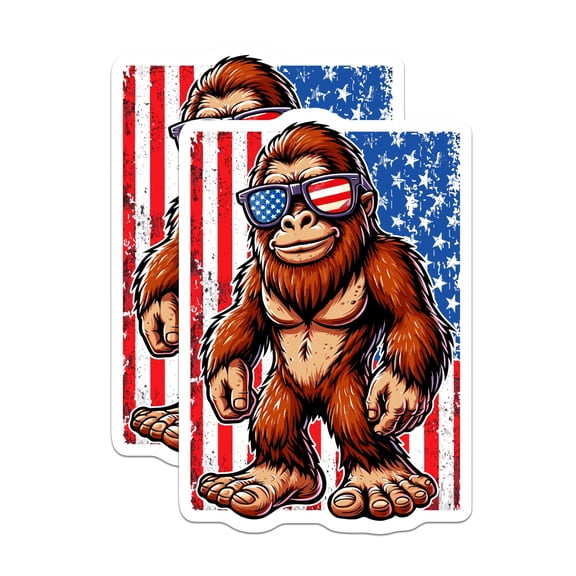 (2 Pack) Bigfoot American Flag Stickers - Patriotic Sasquatch - USA Sunglasses Cryptozoology - 5" On Longest Side - Sticks to Smooth Flat Surfaces - Made in USA - BMCS20211