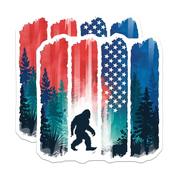 (2 Pack) Bigfoot American Flag Stickers - Sasquatch Forest Decals - Cryptid Legend USA Folklore - 5" On Longest Side - Sticks to Smooth Flat Surfaces - Made in USA - BMCS20777