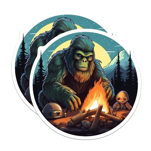(2 Pack) Bigfoot Campfire Magnets - Sasquatch Alien Friends - Cryptid Wilderness Adventure Sci Fi Scene Fridge Decor - 5 Inches On Longest Side - Thick Durable Magnet - Made in USA - MAG21579