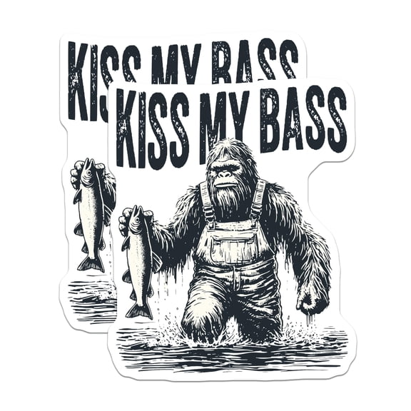 (2 Pack) Bigfoot Fishing Stickers - Kiss My Bass - Funny Sasquatch Angler - 5" On Longest Side - Sticks to Smooth Flat Surfaces - Made in USA - BMCS21073