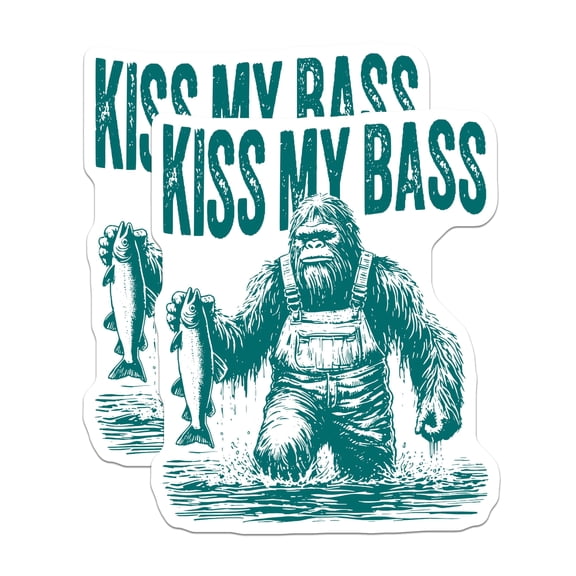 (2 Pack) Bigfoot Fishing Stickers - Kiss My Bass Humor - Sasquatch Angler Decal - 5" On Longest Side - Sticks to Smooth Flat Surfaces - Made in USA - BMCS20599