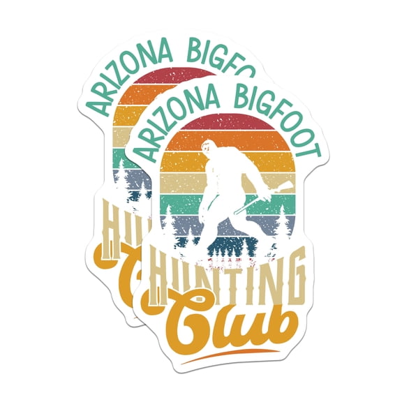 (2 Pack) Bigfoot Hunting Stickers - Arizona Sasquatch Club - Retro Sunset Creature Stickers - 5" On Longest Side - Sticks to Smooth Flat Surfaces - Made in USA - BMCS17538