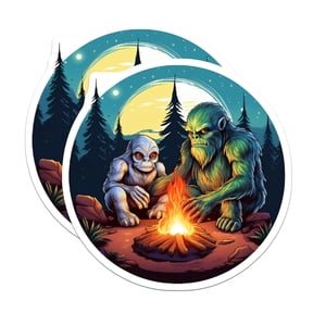 (2 Pack) Bigfoot Sasquatch Magnets - Mythical Cryptid Campfire Scene - Forest Night Yeti Lore Refrigerator Display Piece - 5 Inches On Longest Side - Thick Durable Magnet - Made in USA - MAG21518
