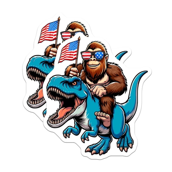 (2 Pack) Bigfoot T Rex Stickers - Patriotic Sasquatch USA Flag - American Dinosaur Rider - Funny Cryptozoology Decor - 5" On Longest Side - Sticks to Smooth Flat Surfaces - Made in USA - BMCS20539