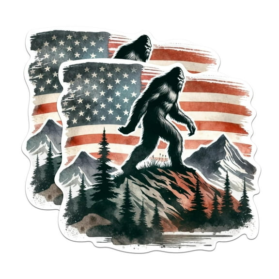 (2 Pack) Bigfoot Wilderness Hiking Outdoors Stickers - American Flag USA Patriotic Sticker - 5 Inches On Longest Side - Premium Vinyl - for Cars, Trucks, Skateboards, Laptops - Made in USA - BMCS0483