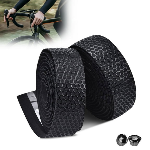 2 Pack Bike Handlebar Tape, PU Bicycle Handlebar Tape EVA Anti-slip Cycling Handle Wraps Tape with Bar End Plugs for Bike(Black)