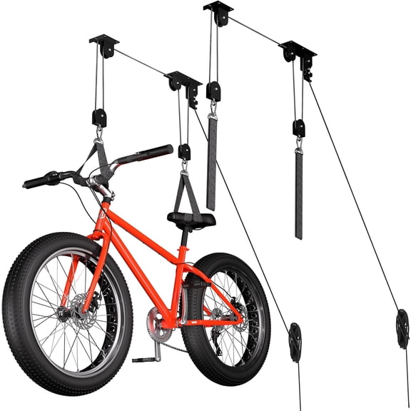 2-Pack Bike Hoist, Heavy Duty Ebike Pulley System for Garage, 85lb | 2-pack for dual e-bikes; quick-release straps (no hooks); 85lb capacity each; fits 10-16ft ceilings; auto-lock safety