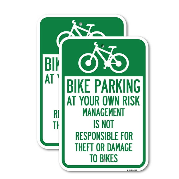 (2 Pack) Bike Parking at Your Own Risk Management Is Not Responsible for Theft or Damage to Bikes | 18" X 24" Heavy-Gauge Aluminum Sign | Rust Free Aluminum, Weather Resistant,