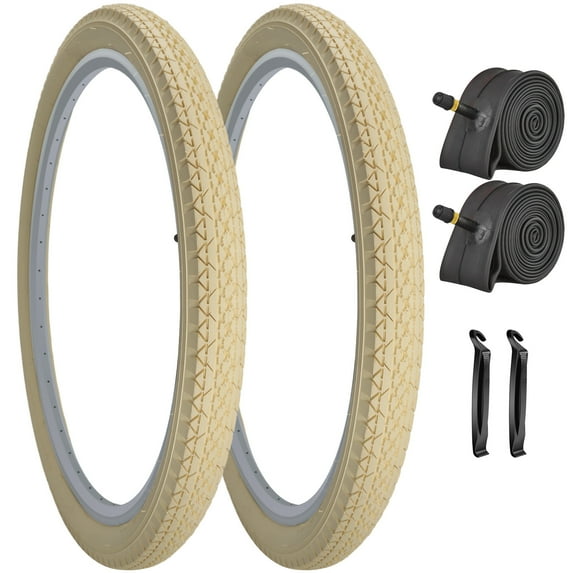 26"x2.125" Cruiser Beach Bike Tires Cream Color 26"x1.75"/2.125" Replacement Folding Bicycle Tyres with Inner Tubes for City Commuter Urban Pavement