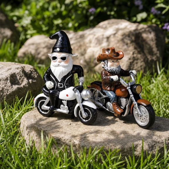 2 Pack Biker Gnome Resin Statue Set, Motorcycle Riding Dwarf Figurines, Cowboy & Punk Style Garden Sculptures for Lawn Patio Tabletop Home Outdoor Decor