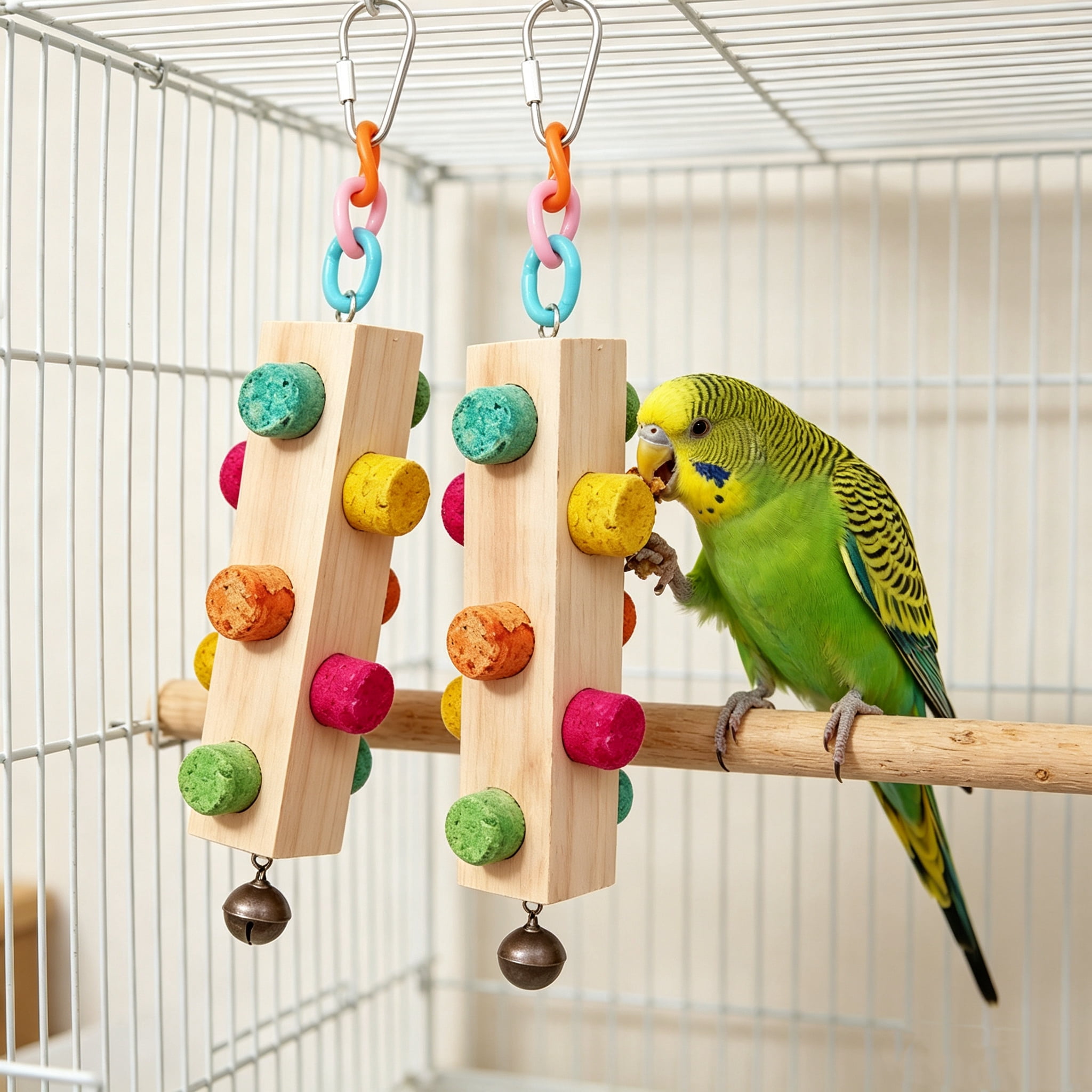 2 Pack Bird Chew Toys, Natural Wooden Bird Cage Accessories, Hanging Parrot Foraging Toy with Colorful Cork Beads & Bell, Small Bird Toys for Parakeets, Budgie, Cockatiel, Conure, Lovebird