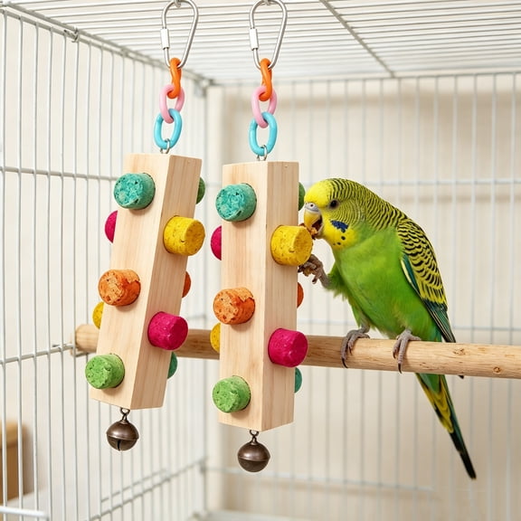 2 Pcs Bird Cage Toys for Parakeets, Natural Wood Bird Chew Toys with Colorful Detachable Cork Balls & Bells, Hanging Parrot Foraging Toys for Budgie Cockatiel Conure, Stress Relief