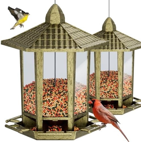 2 Pack Bird Feeders for Outdoor, Retro Pagoda Design Fun Installation Bird Feeder, Attracting Wild Birds Chickadees Goldfinches Cardinals Finches and Sparrows - Retro Gold