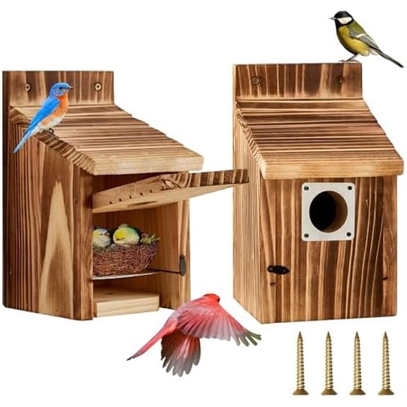 2 Pack Bird Houses for Outside with Metal Predator Guard for Bluebird Wren Swallow Finch-Carbonized Wooden Nesting Boxes for Outdoor Sturdy Bird House,Easy to Clean,No Assembly Needed