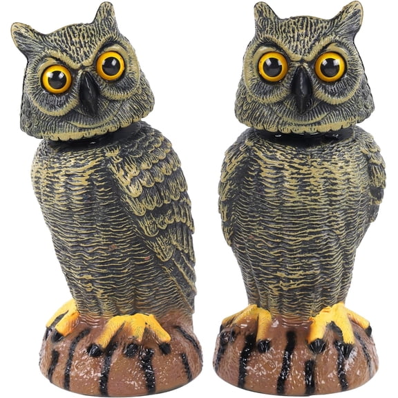 2 Pack Bird Scarecrow Fake Owl Decoy Sculpture, 10.6 Inch Height Golden Rotating Head Plastic Owl Bird Deterrents, Nature Enemy Horned Pest Repellent for Outdoor Garden Yard