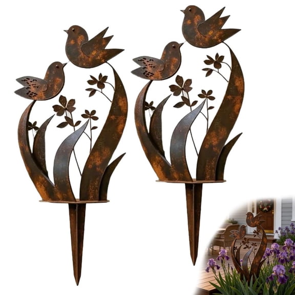 2 Pack Bird & Wildflower Metal Garden Stake, Decorative Outdoor Plant Stake with Bird and Floral Design for Yard Lawn, Rustic Garden Art Ornament, Metal Decor for Planters Gift