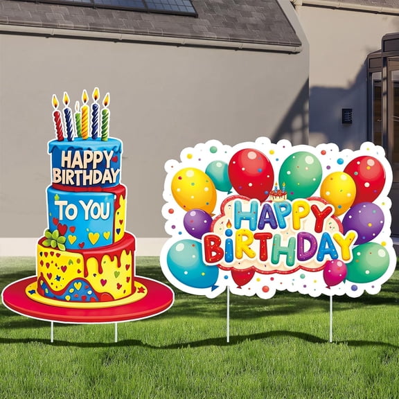 2 Pack Birthday Yard Signs Colorful Happy Birthday Lawn Signs with Stakes Birthday Cake Yard Signs Colorful Balloon Happy Birthday Lawn Decorations for Garden Outdoor Party Supplies