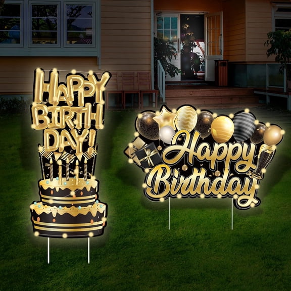 2 Pack Birthday Yard Signs with LED String Light Black Gold Happy Birthday Yard Signs with Stakes Birthday Cake Waterproof Lawn Sign Birthday Balloons Outdoor Birthday Party Decoration Supplies