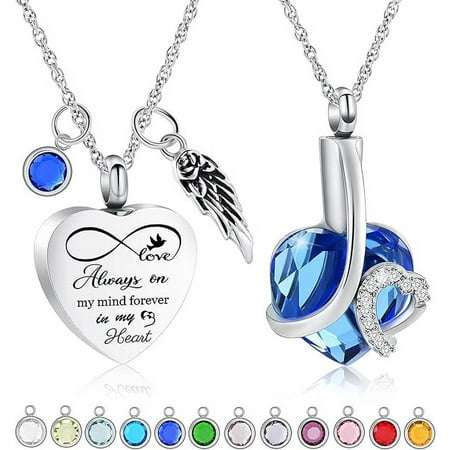 2 Pack Birthstone Cremation Jewelry Heart Urn Necklace for Ashes for Women Men Human Angel Wing Urn Memorial Necklace