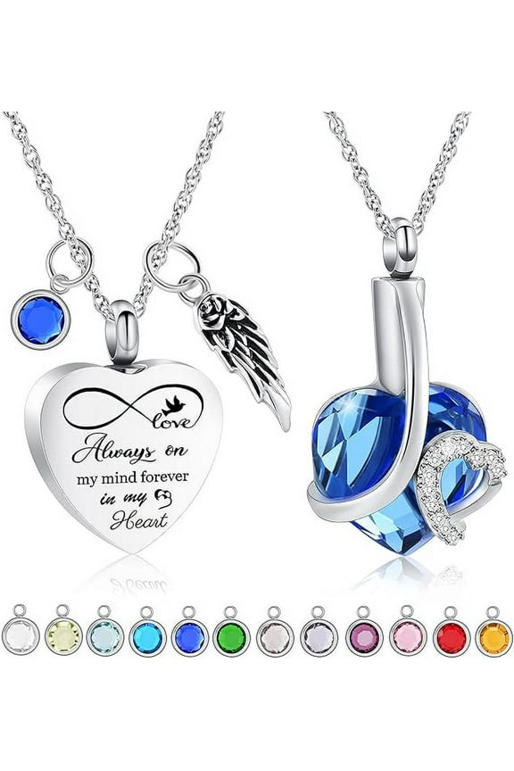 2 Pack Birthstone Cremation Jewelry Heart Urn Necklace for Ashes for Women Men Human Angel Wing Urn Memorial Necklace