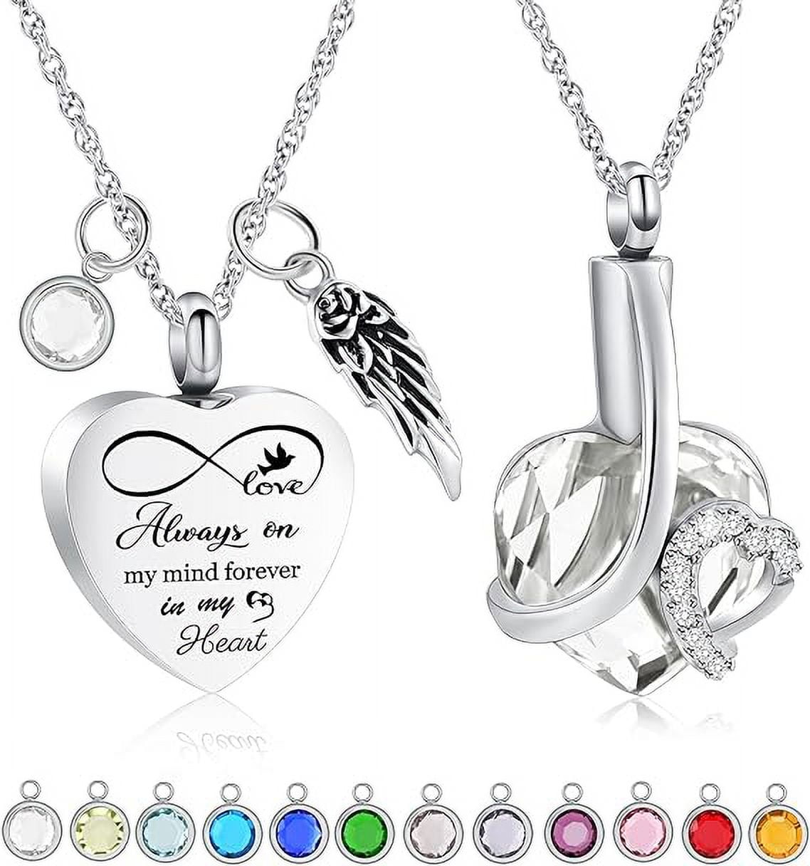 2 Pack Birthstone Cremation Jewelry Heart Urn Necklace for Ashes