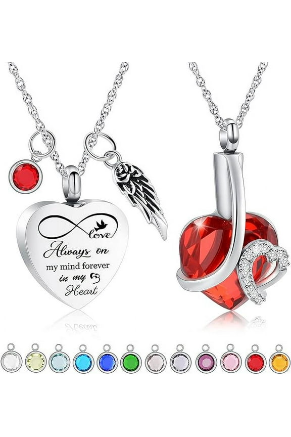 2 Pack Birthstone Cremation Jewelry Heart Urn Necklace for Ashes for Women Men Human Angel Wing Urn Memorial Necklace
