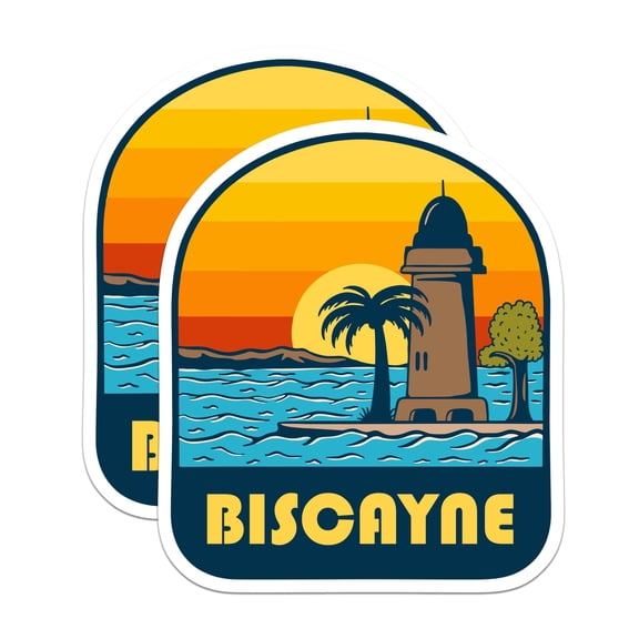 (2 Pack) Biscayne Stickers - Lighthouse Palm Tree - Sunset Beach Florida Stickers - 5" On Longest Side - Sticks to Smooth Flat Surfaces - Made in USA - BMCS17506