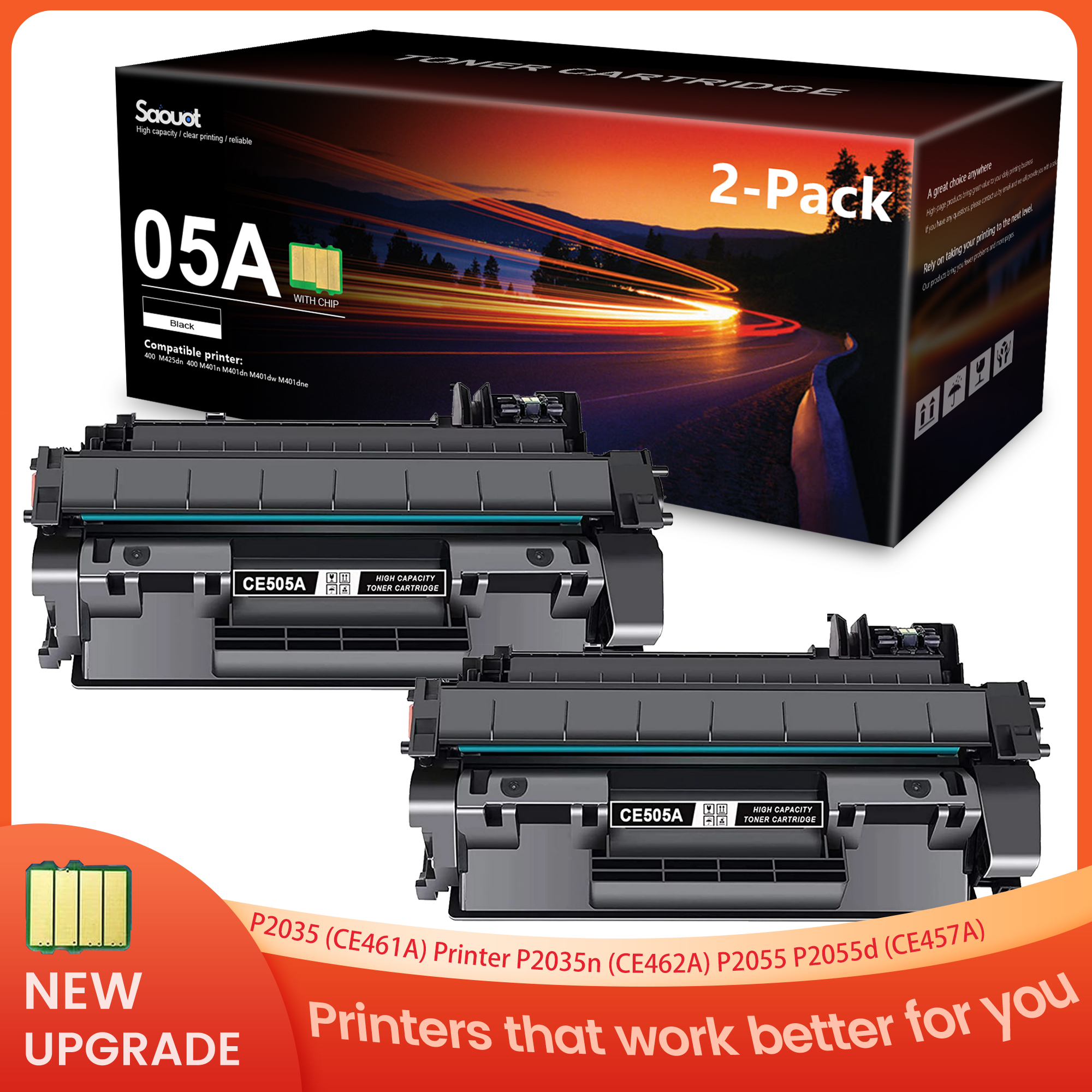 2 Pack Black 05A | CE505A Toner Cartridge Replacement for HP 05A | CE505A P2035 (CE461A) Printer P2035n (CE462A) P2055 P2055d (CE457A) P2055dn P2055x (CE460A) Printers. - image 1 of 6