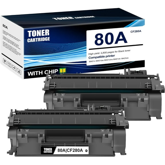 2-Pack Black 80A CF280A Toner Cartridge: Compatible 80A CF280A Replacement for HP M401n M401dw M401dne M401dn M425dn Printer