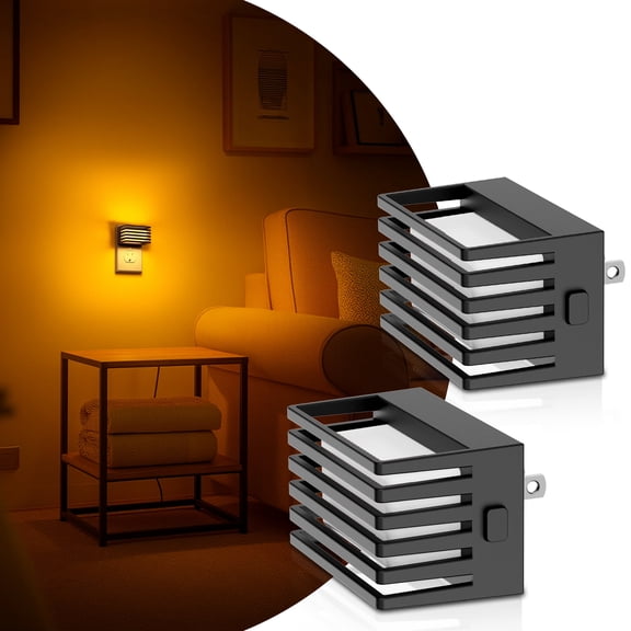 1W Plug-in Integrated LED Night Light with Dusk-to-Dawn Sensor, Up & Down Glow, Amber Warm White 2000K Dimmable , Black, 2-Pack