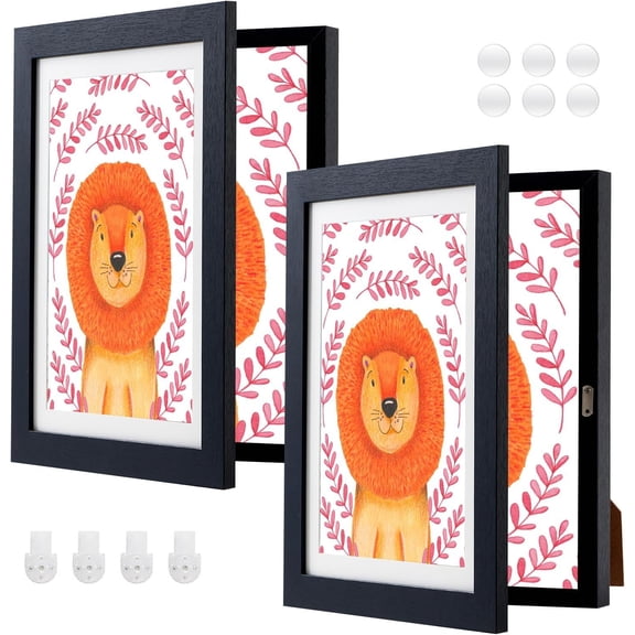 2 Pack Black Art Frame, 8.3x11.7 A4 Front Opening Artwork Frames Changeable, Wall-mounted or Standing Art Frame with Mat, Holds 100 count, Drawing Display Storage Frames