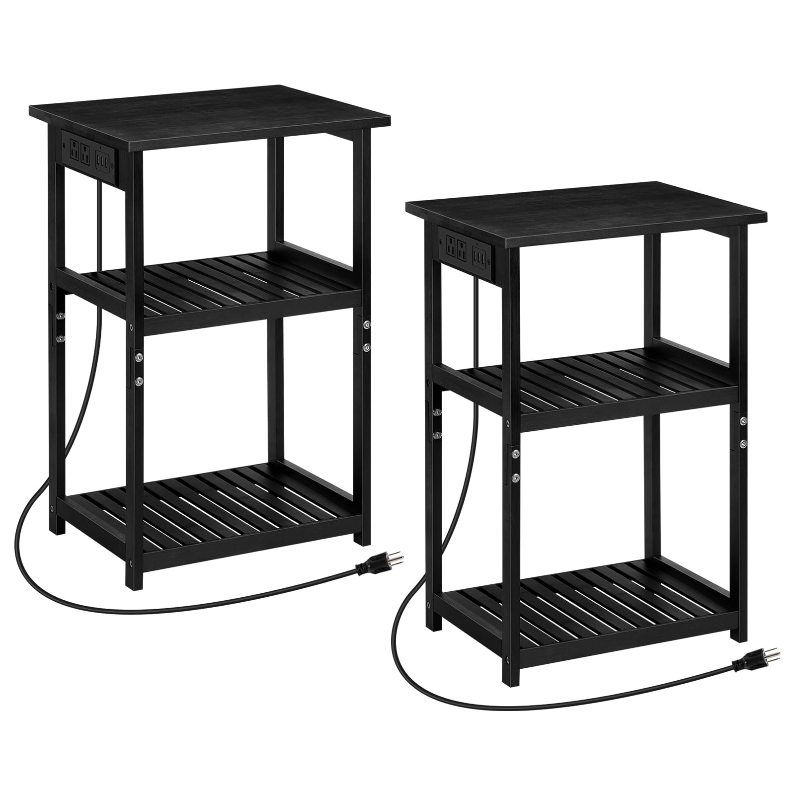 2 Pack Black Bamboo Nightstand with Charging Station, 3鈥慣ier Open Shelf End Table for Bedroom Living Room