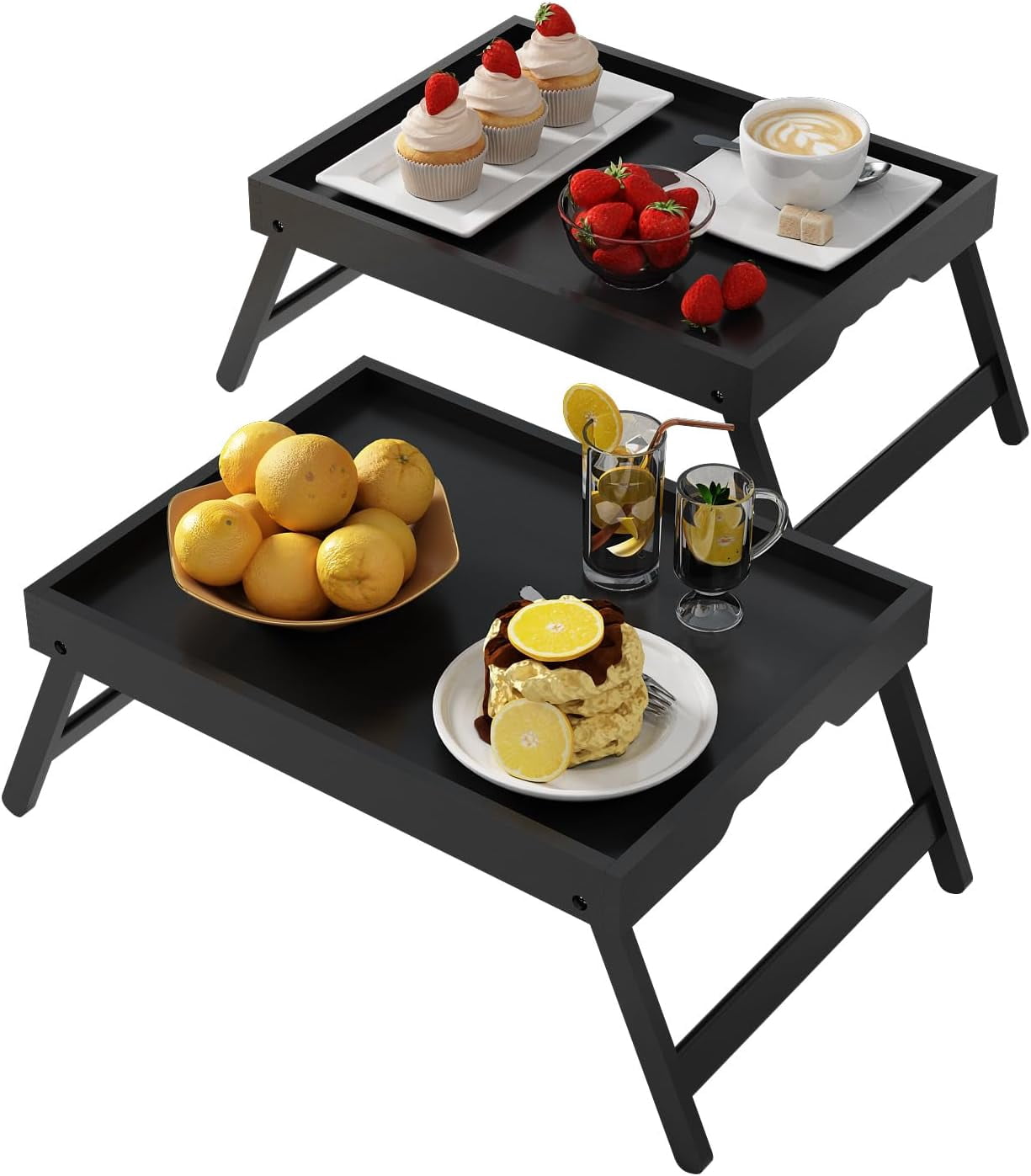 2 Pack (Black) Bed Tray Table with Folding Legs, Bamboo Breakfast in ...
