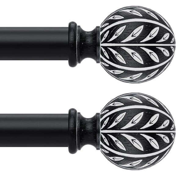 2 Pack Black Boho Curtain Rods - 1 Inch Adjustable Heavy Duty Rustic Metal Drapery Rods with Handmade Leaf Finials for Windows (48 to 84 Inch)