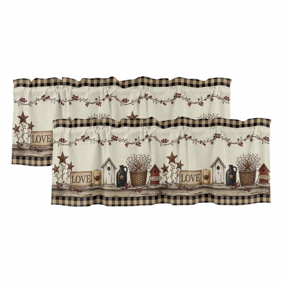 2 Pack Black Brown Buffalo Check Valance for Window Rustic House Berry Vine Star Beige Kitchen Valance Rod Pocket Short Curtain Topper Decorative Window Treatment for Living Room Bedroom 42"x12"