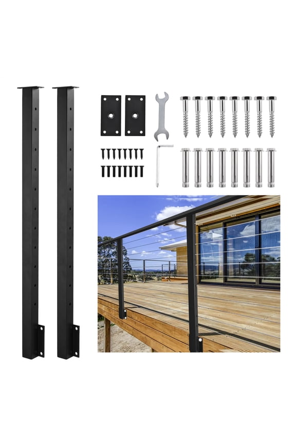 2 Pack Black Cable Railing Post Kit 44", Side Mount Deck Railing System, Pre-Drilled Metal Posts for Wood Decks(No Cable and Handrails)