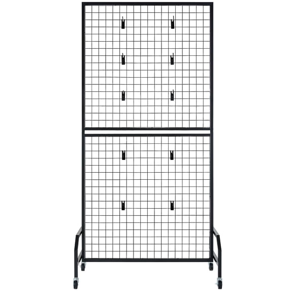 2-Pack Black Carbon Steel Grid Wall Panels, 5.9 ft x 2.9 ft Movable Wire Display Rack with Wheels & 10 Hooks, Versatile Usage for Craft Shows, Wall Decor, Storage, and Notice Board