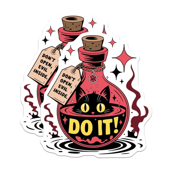 (2 Pack) Black Cat Potion Bottle Stickers - Don't Open Evil Inside - Mischievous Witchy Decor - 5" On Longest Side - Sticks to Smooth Flat Surfaces - Made in USA - BMCS21164