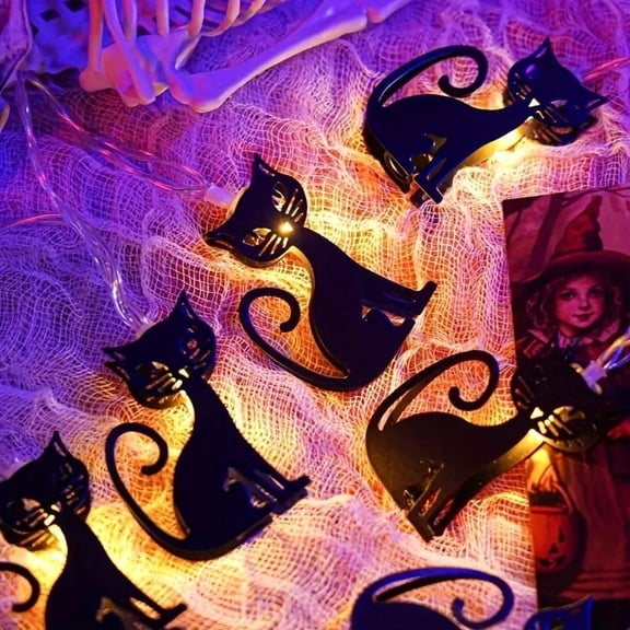 2 Pack Black Cat String Lights 5.4ft Warm White LED Battery Operated Halloween Decor for Indoor Outdoor Mantel Porch Party