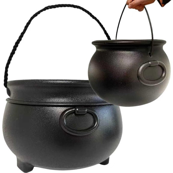 2Pack Black Cauldrons (12 & 8) Halloween Candy Bowl & TrickorTreat Pail, Reusable Witch Kettle Buckets, St. Patricks Pot of Gold Party Decor