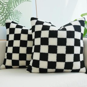 2 Pack Black Checkerboard Faux Fur Pillow Covers 18 x 18 Inches