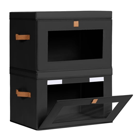 2 Pack Black Closet Storage Bins with Lids Front Opening Storage Bin Collapsible Fabric Organizer with Clear Window Dual Handles Closet Clothes Blanket Book Storage Box for Home DIMJ
