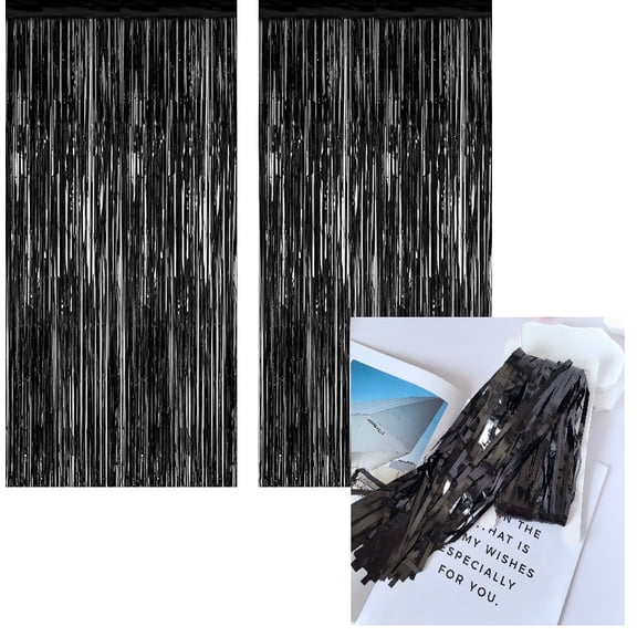 2 Pack Black Color Tinsel Backdrop 39in x 79in , Metallic Foil Backdrop Fringe Curtains Party Streamer, Party Decorations Photo Backdrop for Birthday