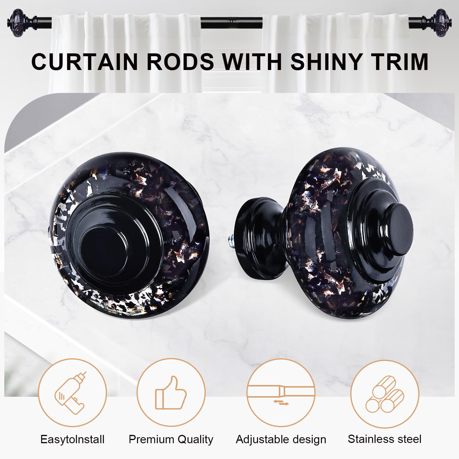2 Pack Black Crystal Curtain Rods For Windows 30 To 56 Inch  Decorative Vintage 1'' Diameter Rod With Foil Finial Adjustable Heavy Duty Easy Install Drapery Pole Set Farmhouse