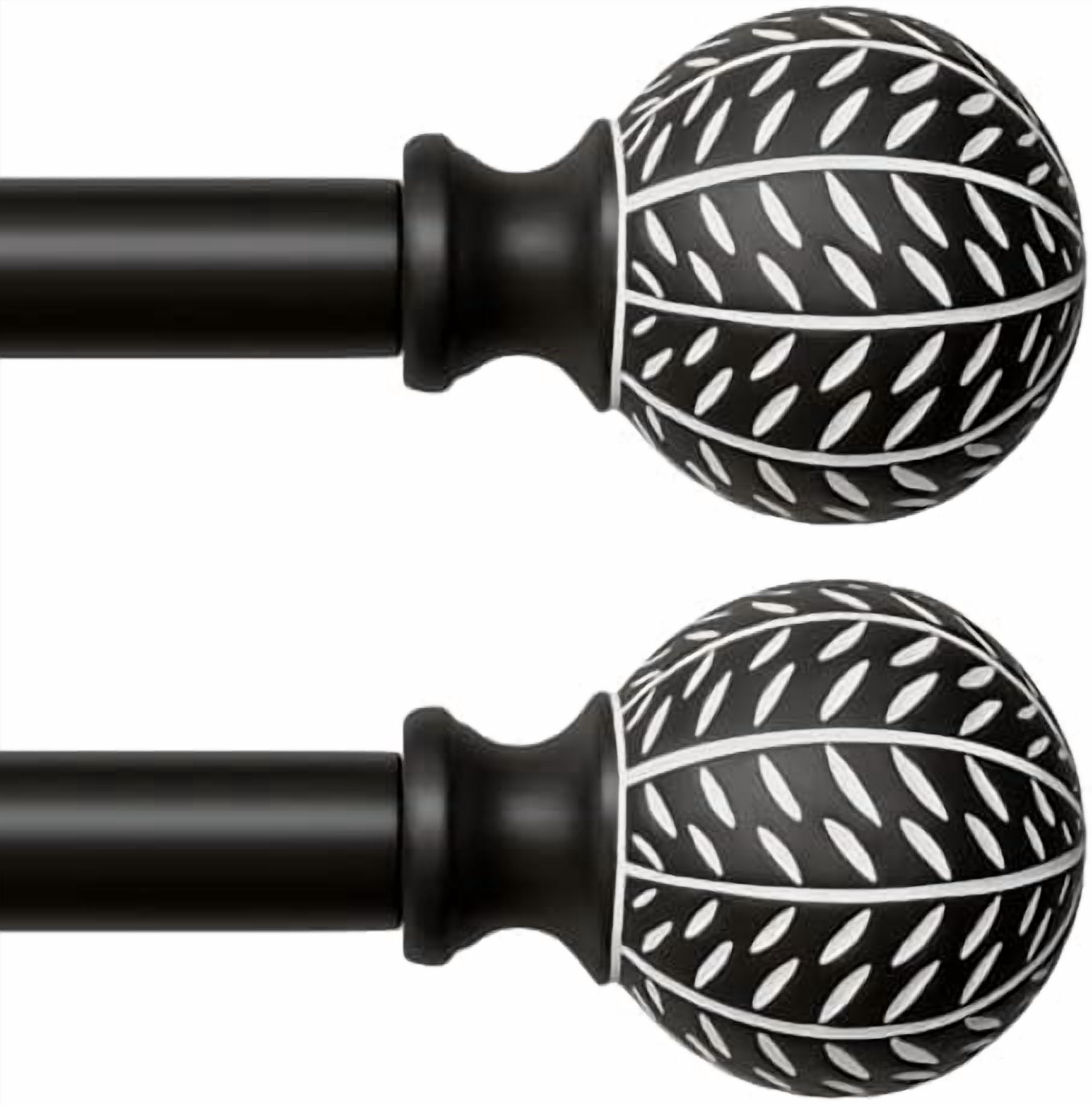 2 Pack Black Curtain Rods for Windows 28 to 48 Inch,1'' Diameter Drapery Rods with Leaf Pattern Finials,Decorative Adjustable Heavy Duty Curtain Rods Set,18-60''