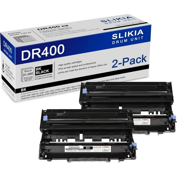 2-Pack Black DR400 Drum Unit: Compatible DR400 DR-400 Replacement for Brother DCP-1200 1400 HL-1230 1240 1250 1270N 1435 MFC-8300 8500 8600 8700 P2500 IntelliFax-4100e 4100 4750 4750e 5750e Printer