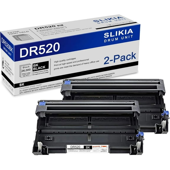 2-Pack Black DR520 Drum Unit: Compatible DR520 DR-520 Replacement for Brother HL-5240H 5280DW 5350DN/DNLT 5380DN MFC-8370 8460N 8470DN 8480DN 8680DN DCP-8060 8065DN 8080DN 8085DN Printer