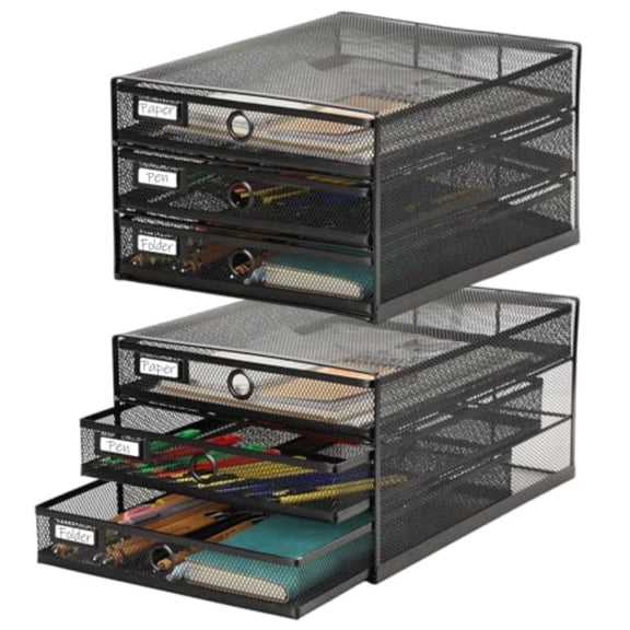 2 Pack Black Desk Organizer with Drawer Total Wire Mesh Storage Tray Multifunctional Paper Sorter File Stand for Home Office Supplies Letter A4 Paper Office Accessories Back to School 3 Tier